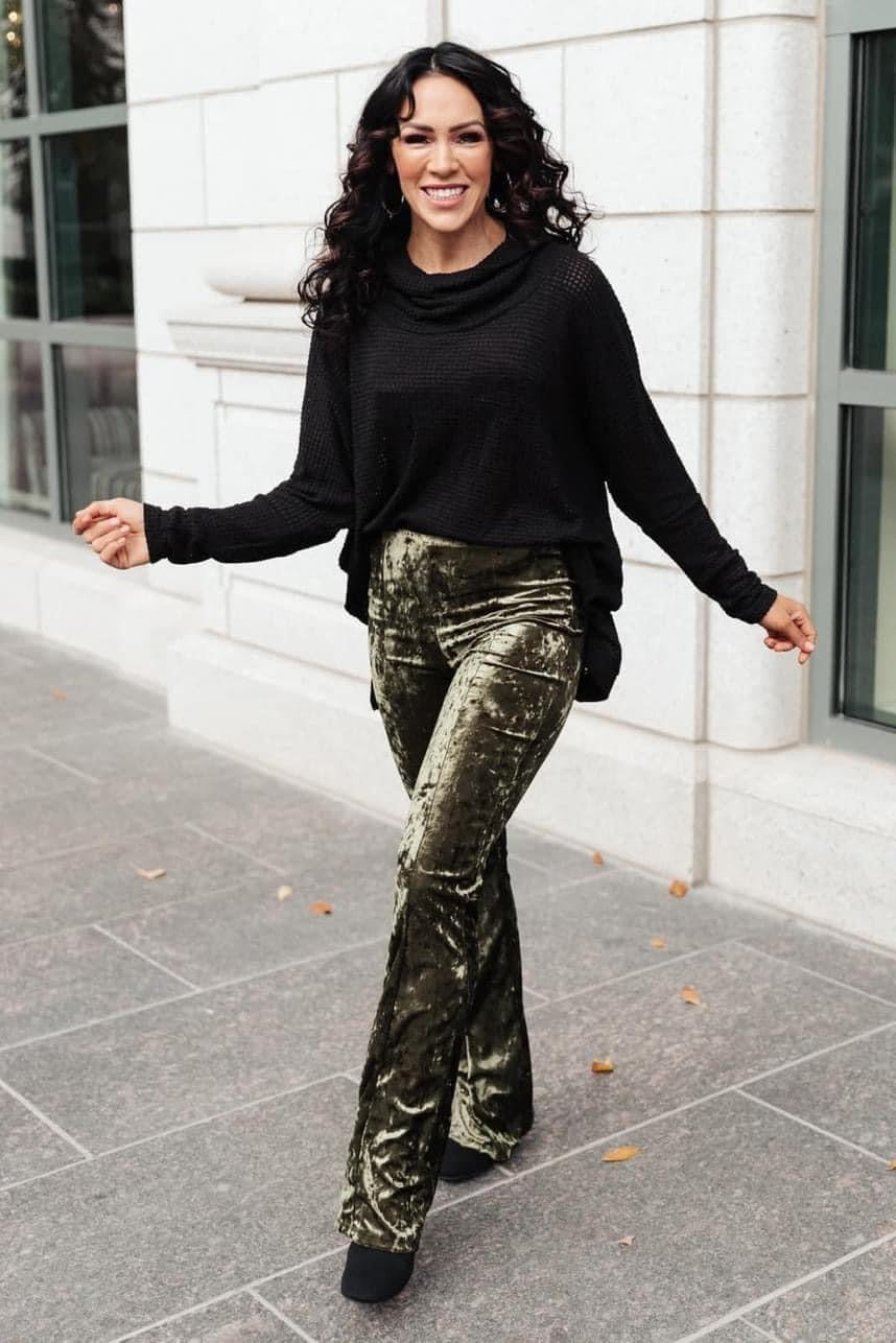 Chic Velvet Bell Bottoms in Olive - one small only