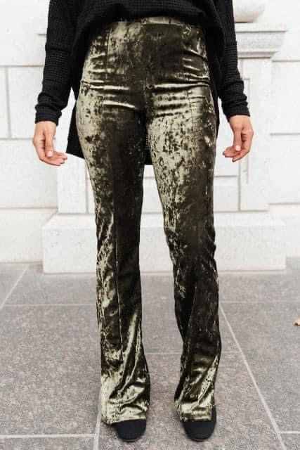 Chic Velvet Bell Bottoms in Olive - one small only