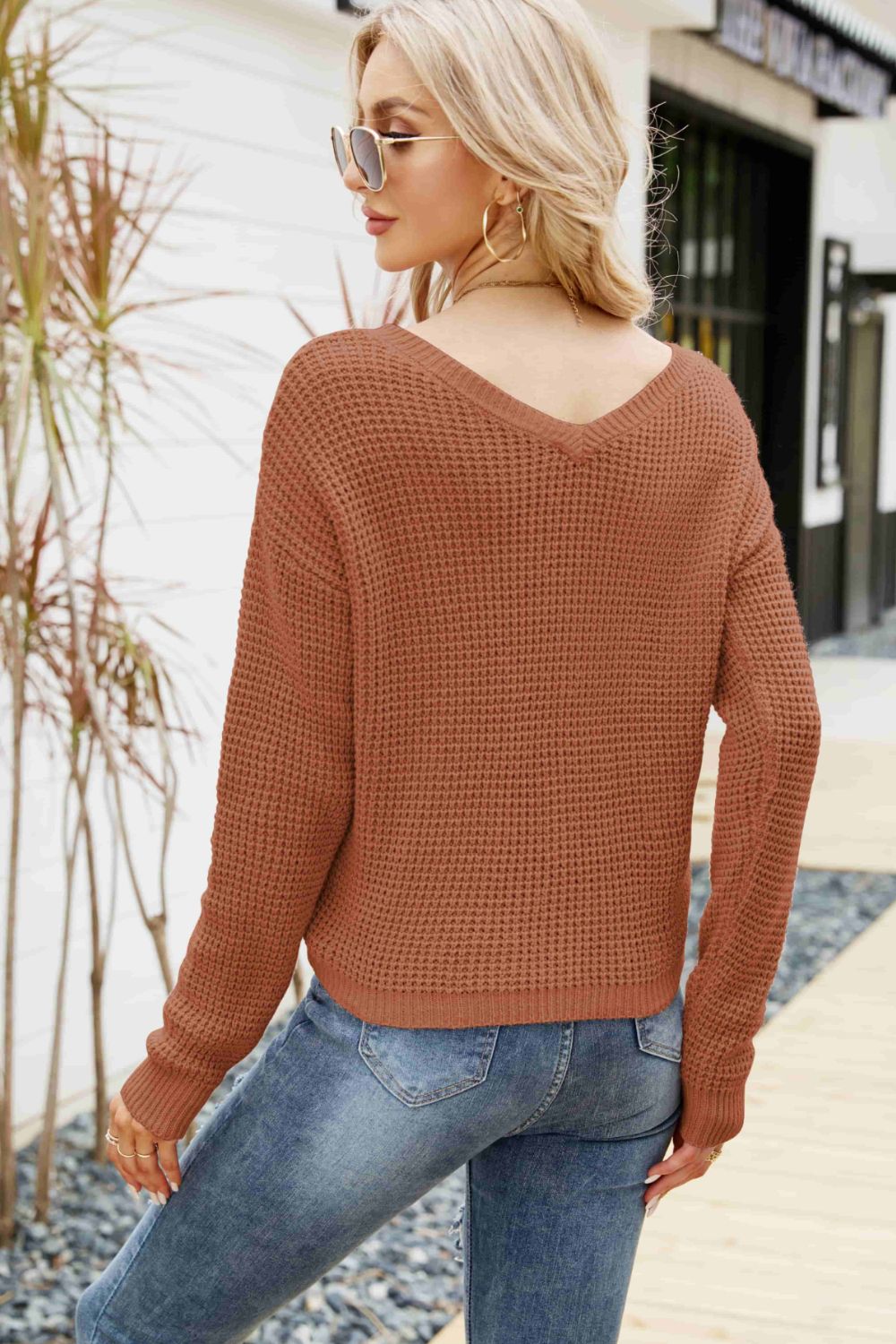 Waffle-Knit Drawstring Detail V-Neck Sweater – Shoppe All the Things