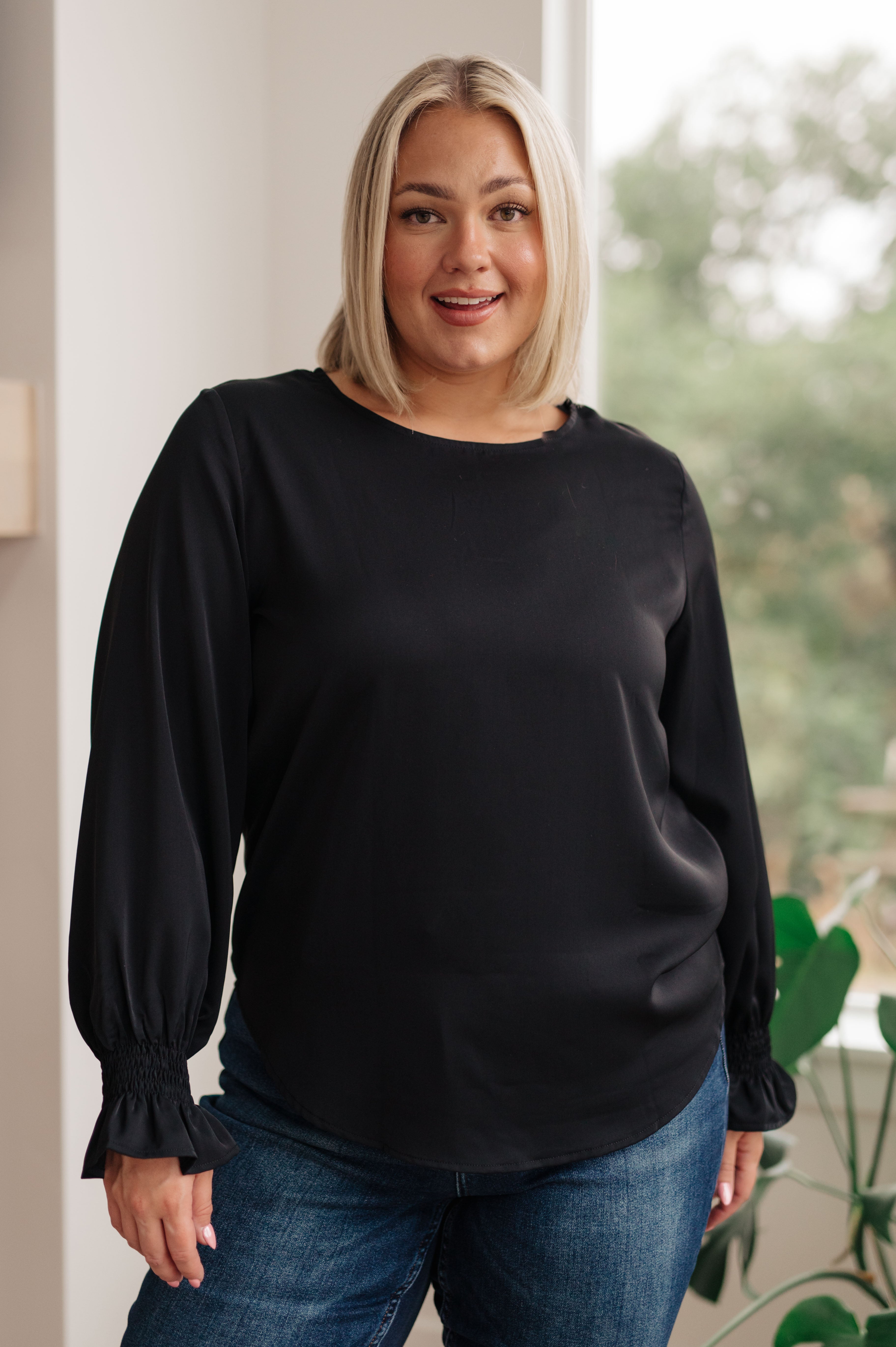 Peaceful Moments Smocked Sleeve Blouse in Black